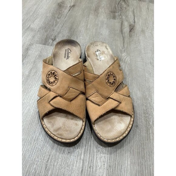 Clarks Bendables Suede Tan Leather Slide On Sandals Women's Size 8 - Picture 2 of 6